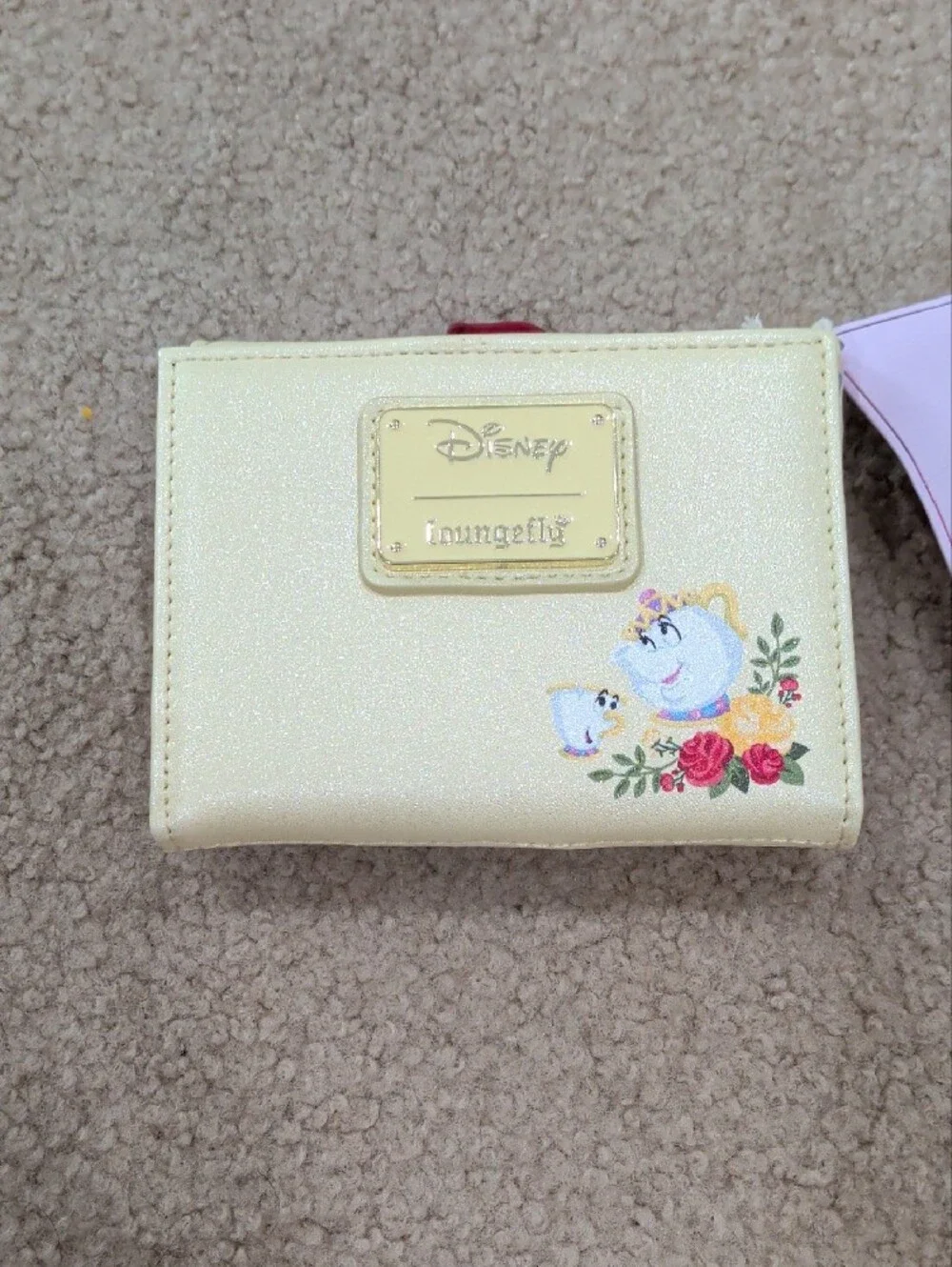 Loungefly Disney Princesses Belle Glittery Cream Wallet with Red Rose Applique